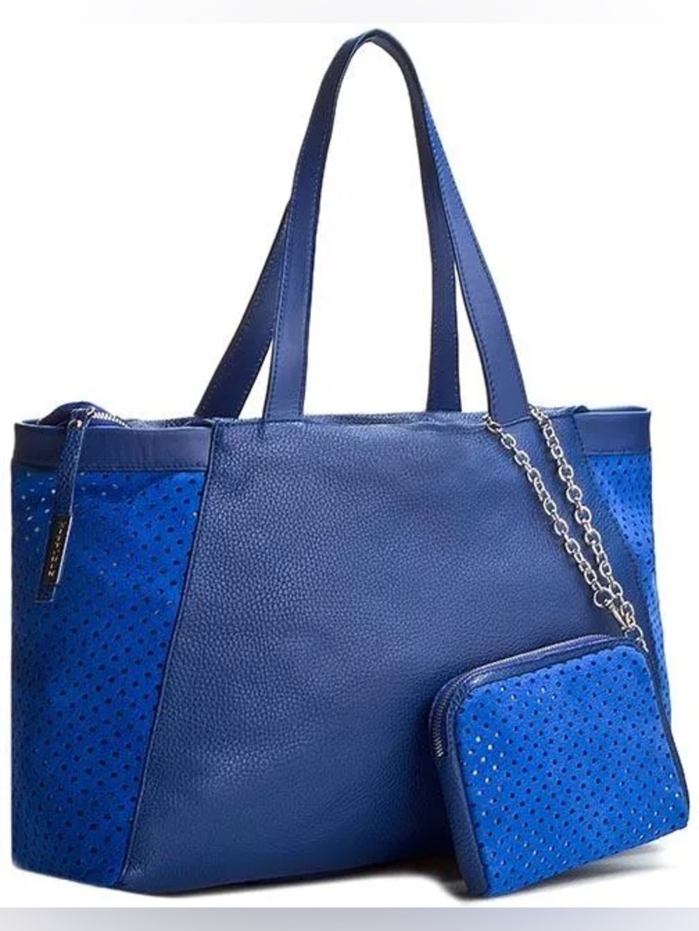 NICOLI Blue Soft Leather & Suede Leather Slouchy Tote With Pouch